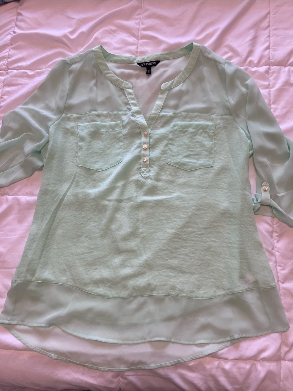 Express Mint Green Sheer-Panel Henley Blouse